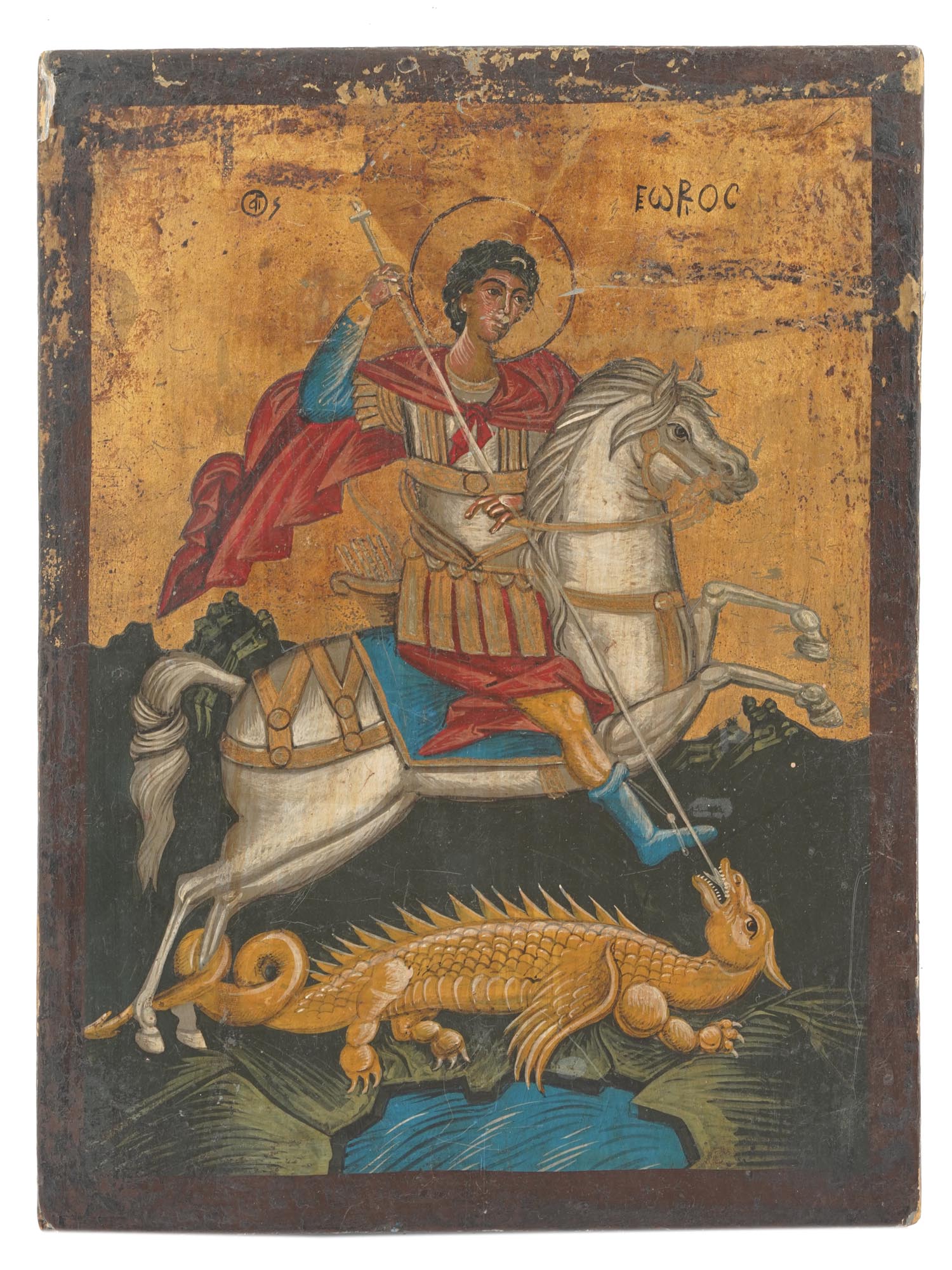 ANTIQUE ORTHODOX ICON OF SAINT GEORGE WITH DRAGON PIC-0